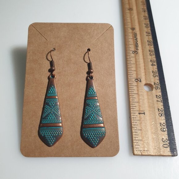 Handmade Copper Tribal Dangle Earrings Geometric Etched Design Lightweight Boho - Picture 2 of 4